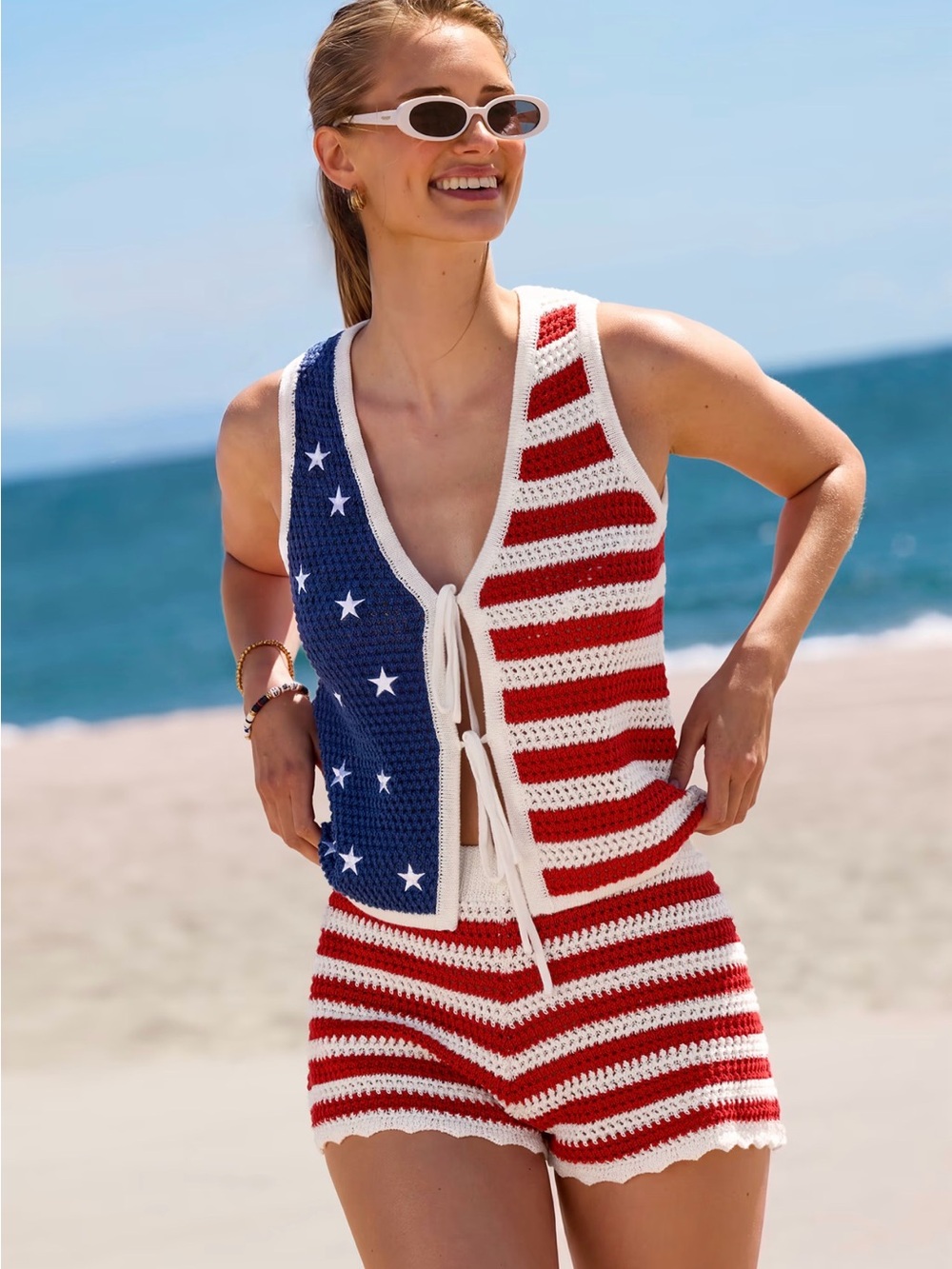 Cupshe Star Quality Americana Cover-Up Top Summer Fireworks Striped Cover Shorts